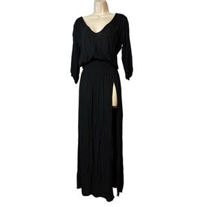 Stillwater Maxi Dress High Side Slits Smocked Waist Half Sleeve Black Size S